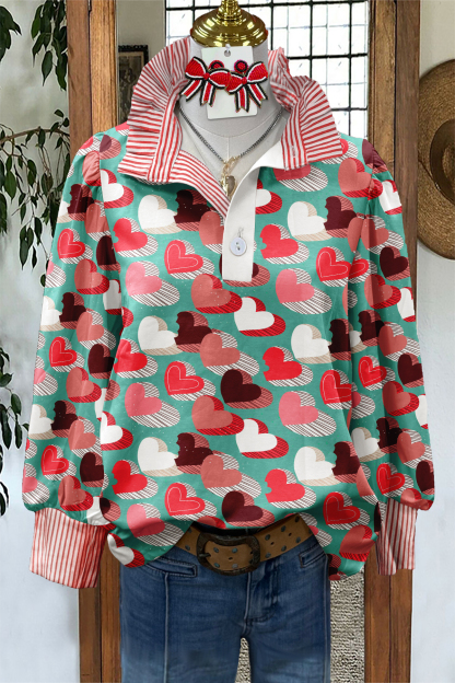 Valentine'S Day Color-Blocked Heart Striped Shirt