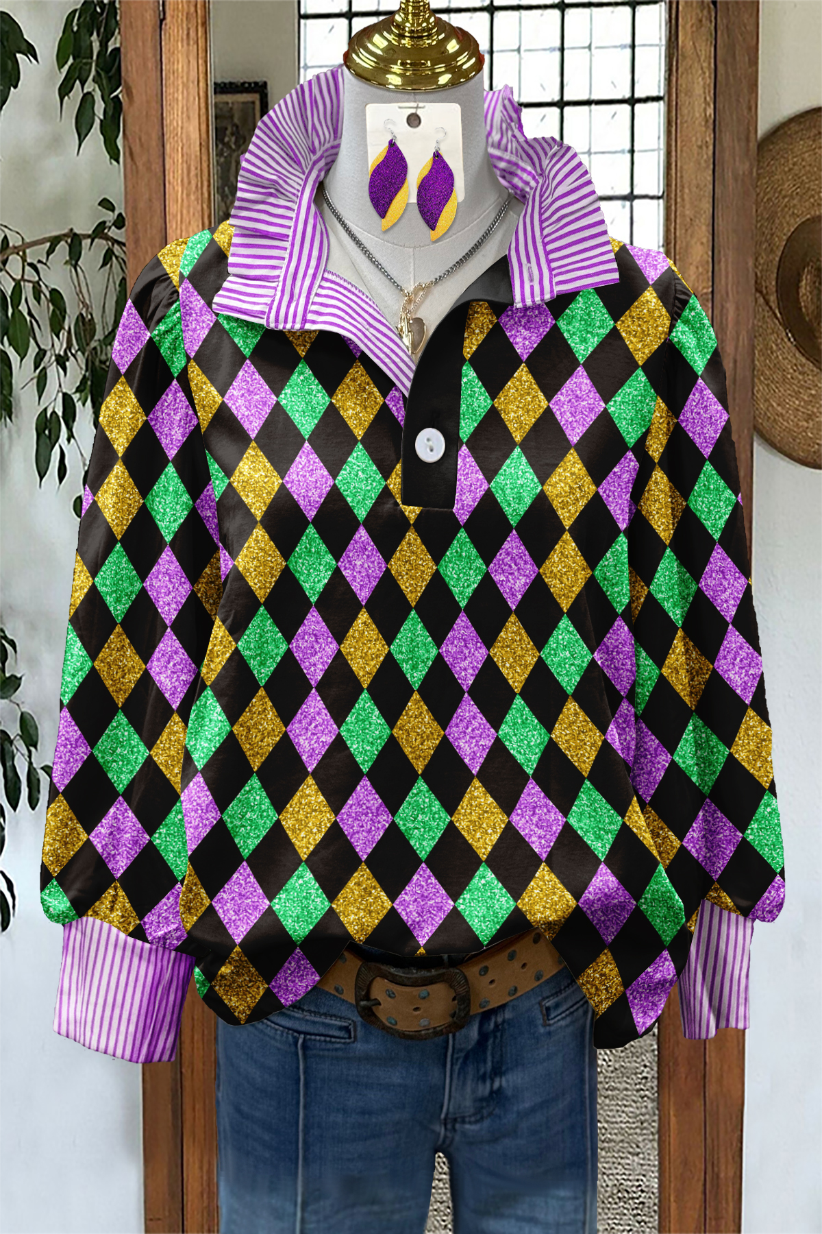 Mardi Gras Color-Blocked Plaid Patchwork Shirt