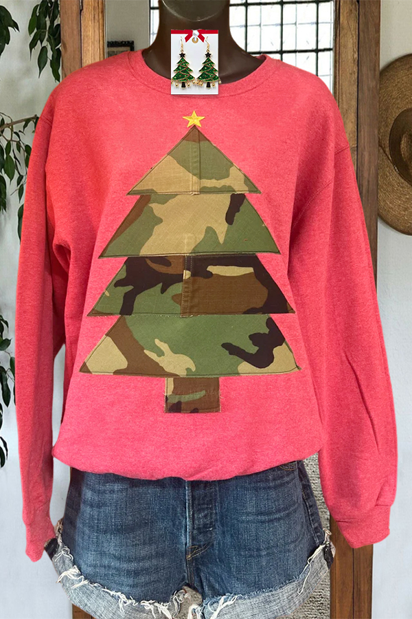 Retro Camouflage Christmas Tree Patchwork Sweatshirt