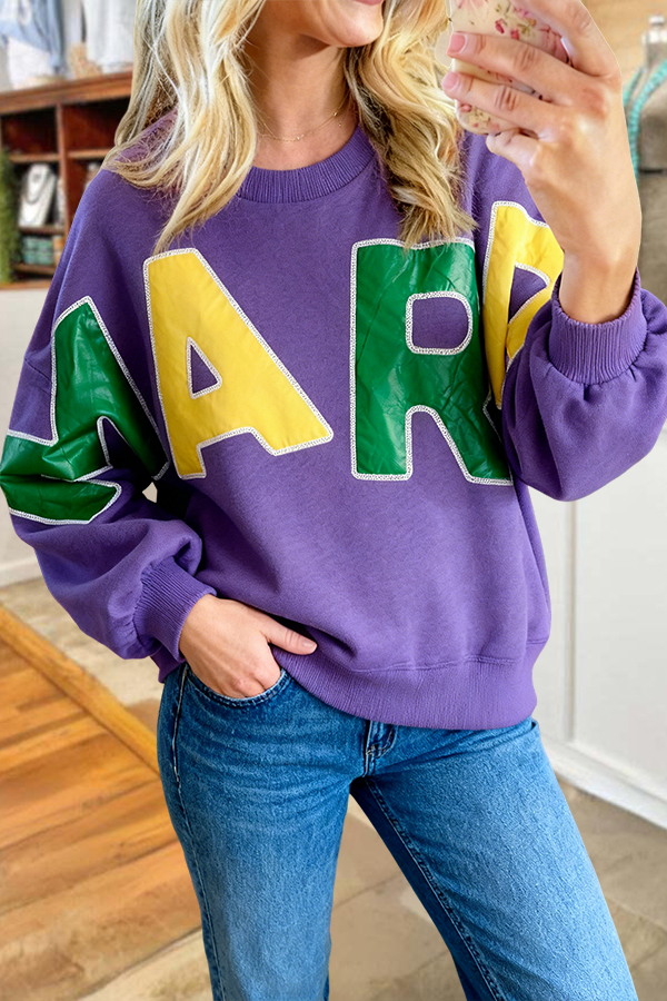 Mardi Gras Color-Blocked Letter Batwing Sleeve Sweatshirt
