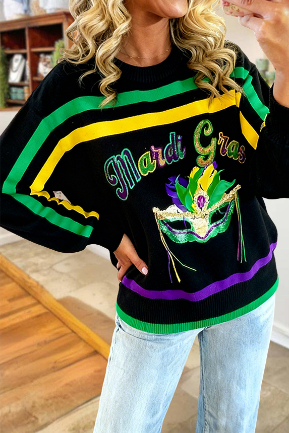 Mardi Gras Mask Striped Batwing Sleeve Sweatshirt