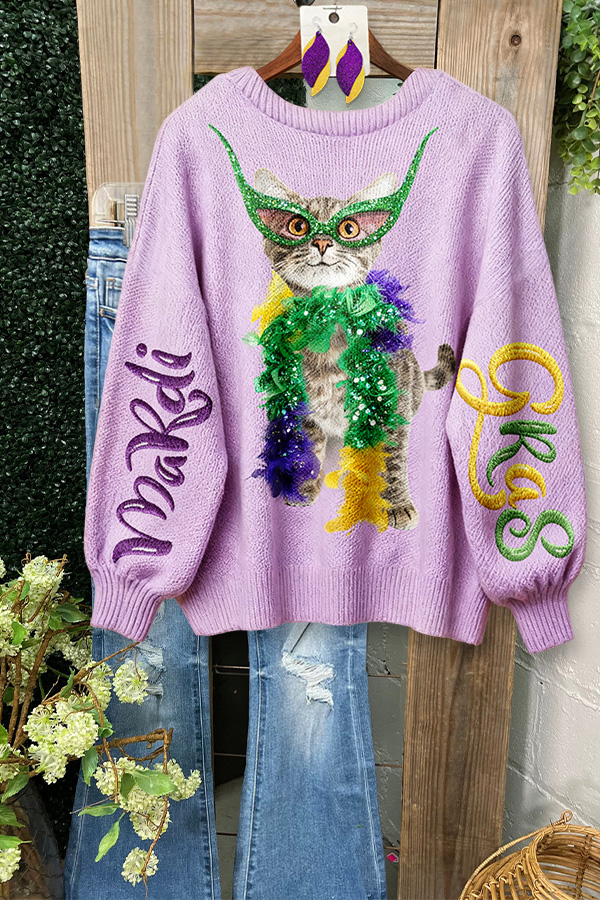 Mardi Gras Cute Cat Batwing Sleeve Sweatshirt