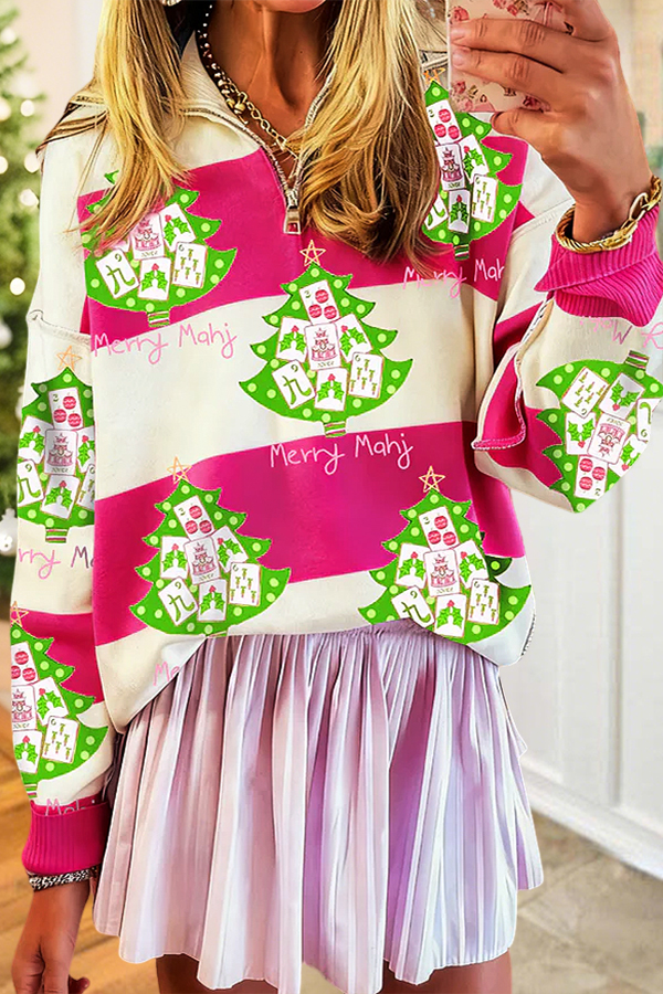 Mahjong Christmas Tree Striped Zip-Up Sweatshirt