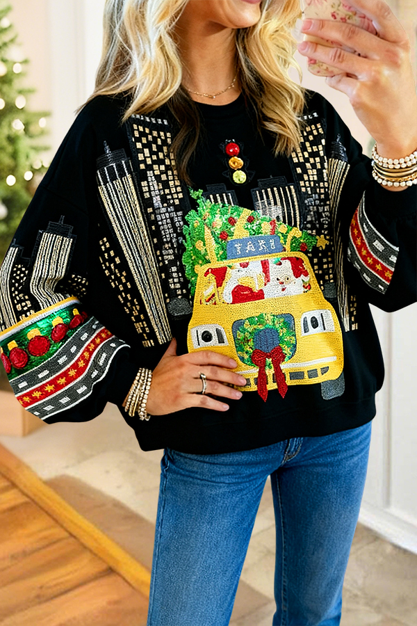 Christmas Truck Shiny Crew Neck Sweatshirt