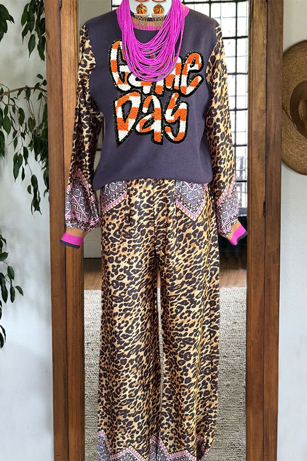 Game Day Basketball Leopard Sweatshirt And Pants Two-Piece Set