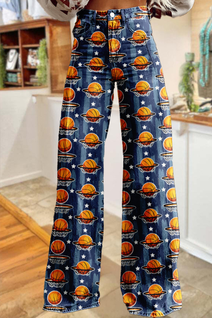 Game Day Basketball Print Wide-Leg Pants