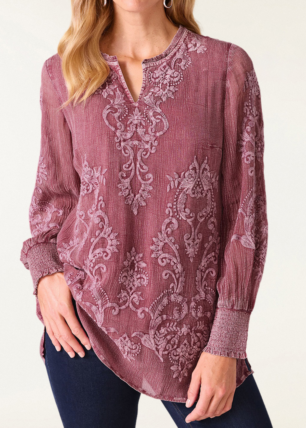 Flowy Waisted Slimming Embroidered Floral Smocked Top
