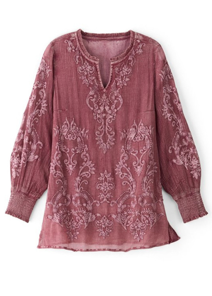Flowy Waisted Slimming Embroidered Floral Smocked Top