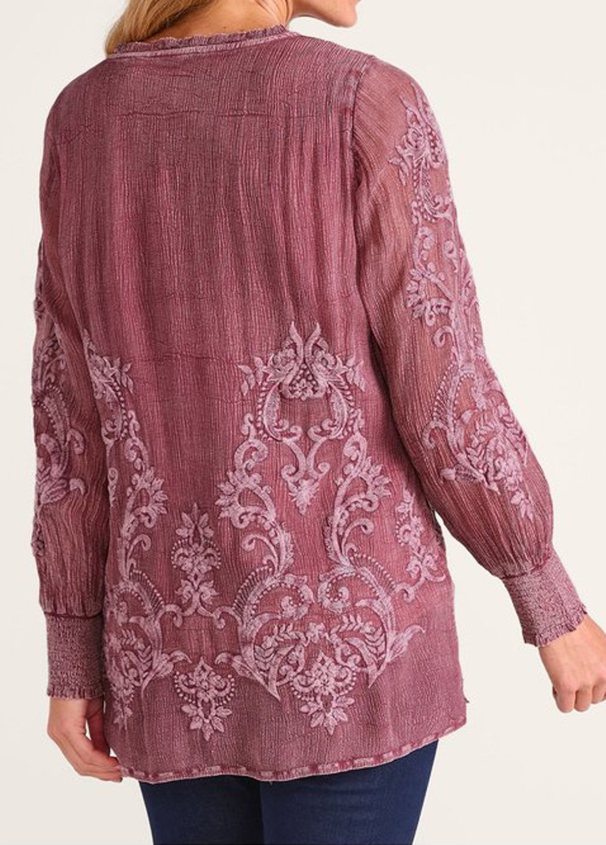 Flowy Waisted Slimming Embroidered Floral Smocked Top