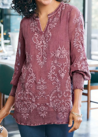 Flowy Waisted Slimming Embroidered Floral Smocked Top