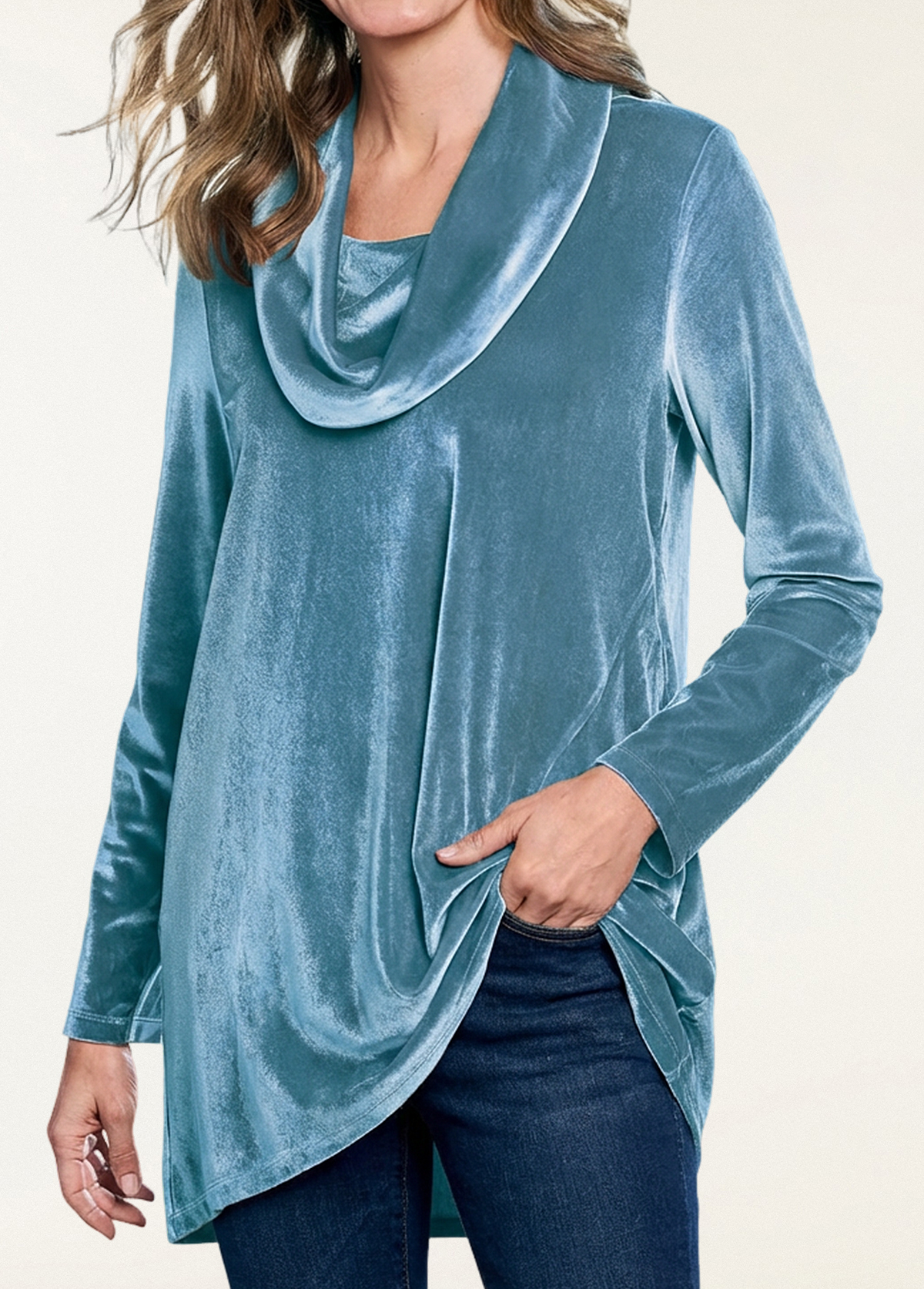 High-Waist Slimming Vision In Velvet Draped Cowl Neck Tunic