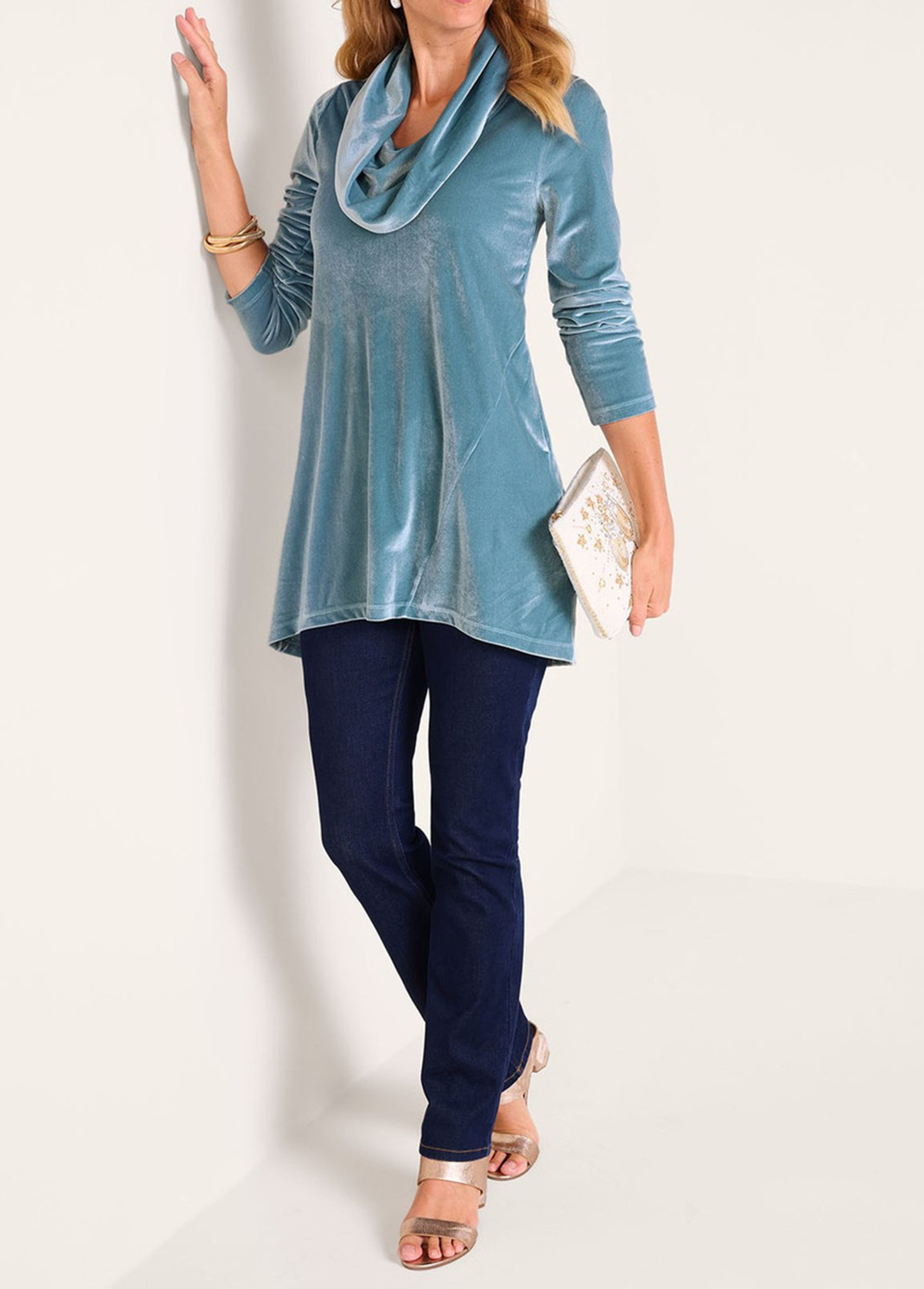 High-Waist Slimming Vision In Velvet Draped Cowl Neck Tunic