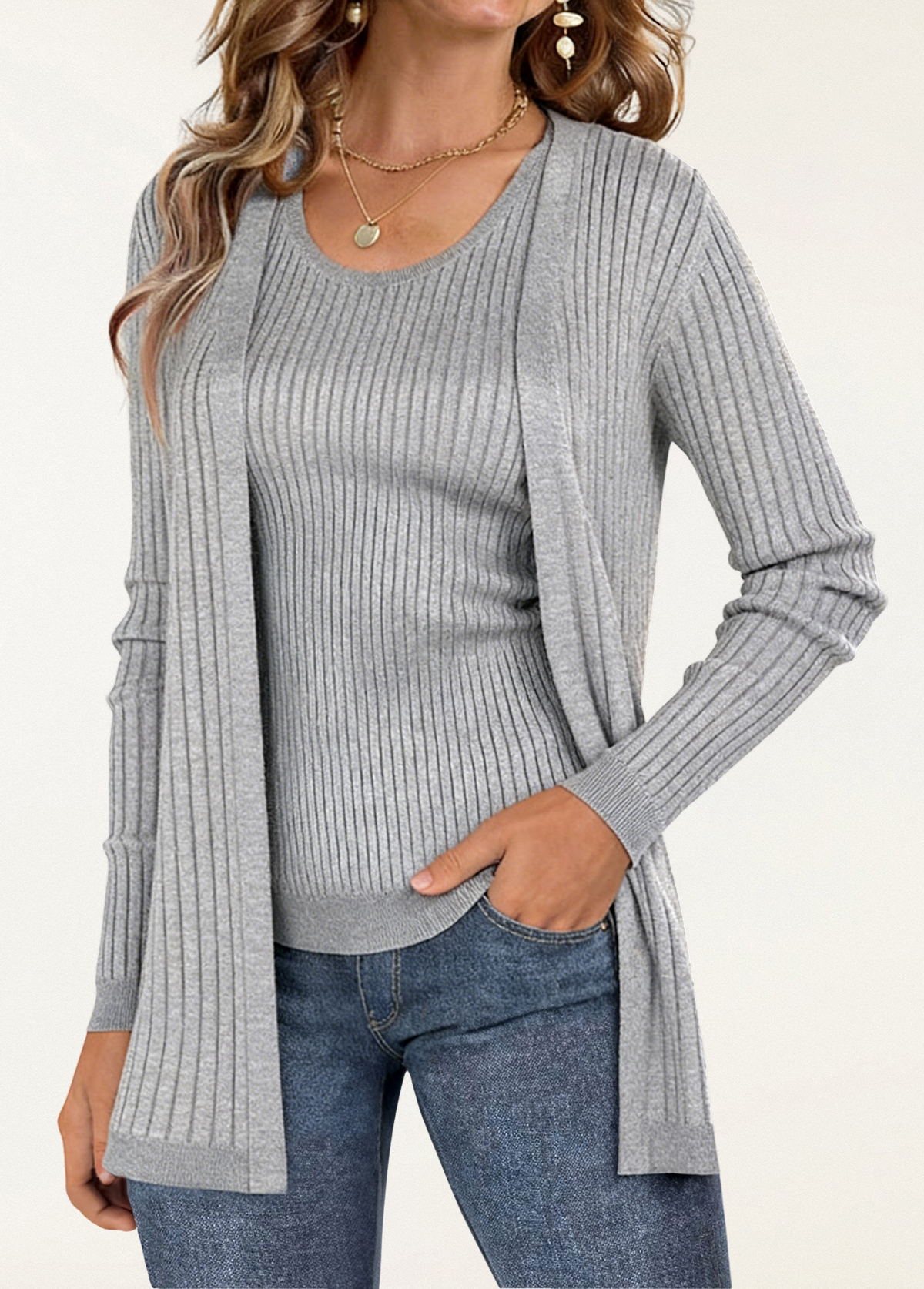 Cozy Waisted Slimming Ribbed Vest And Cardigan Two-Piece Set