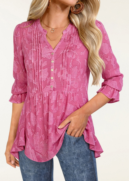 Waisted Slimming Flowy Jacquard Ruffled Hem Top