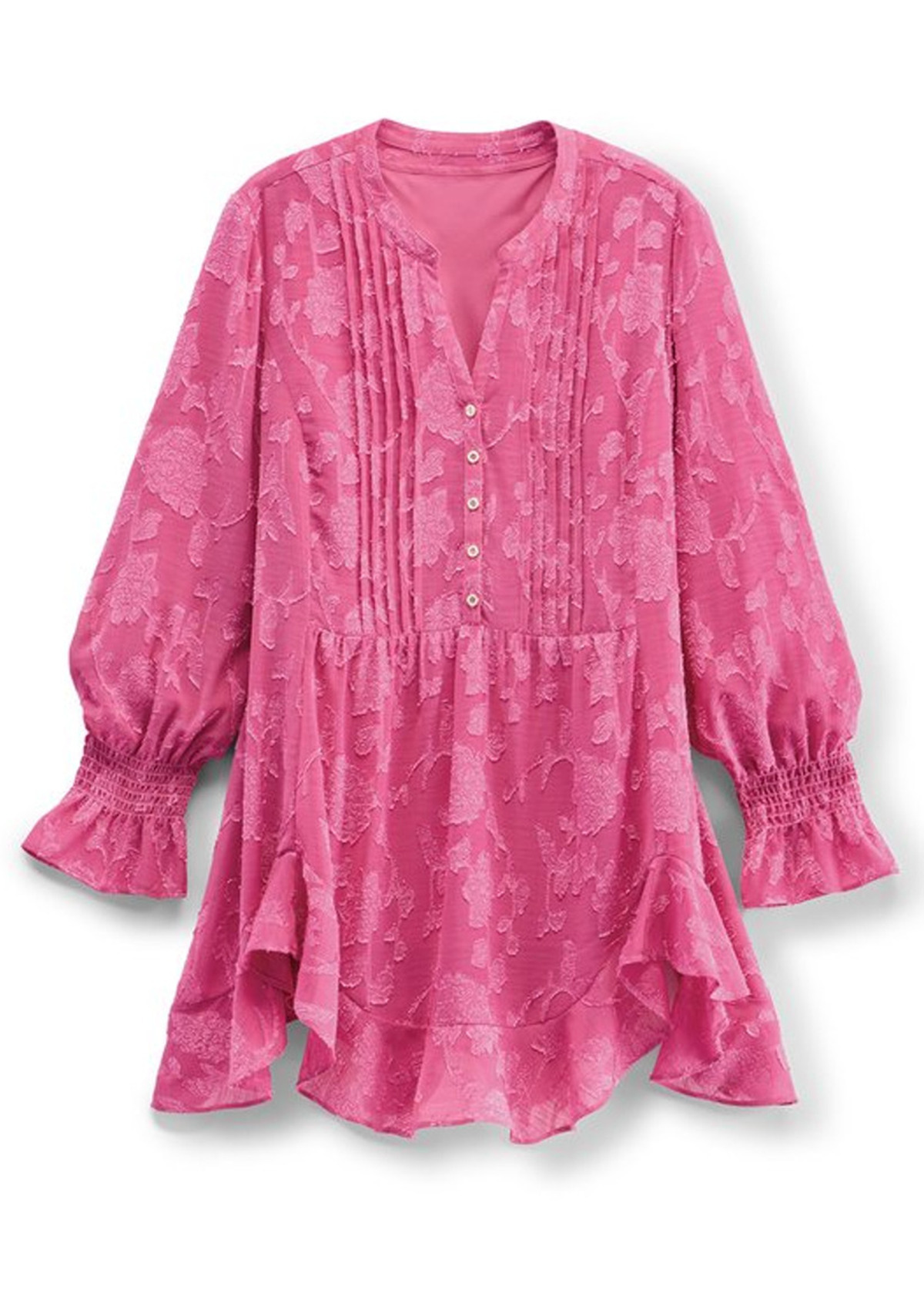 Waisted Slimming Flowy Jacquard Ruffled Hem Top