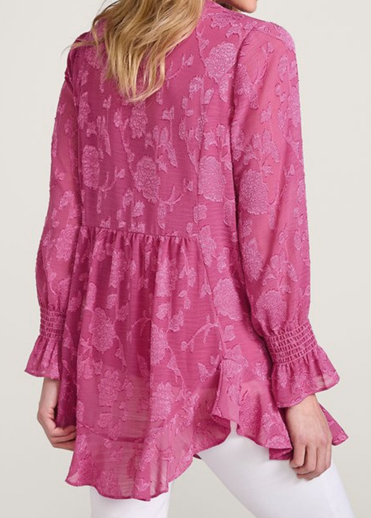 Waisted Slimming Flowy Jacquard Ruffled Hem Top