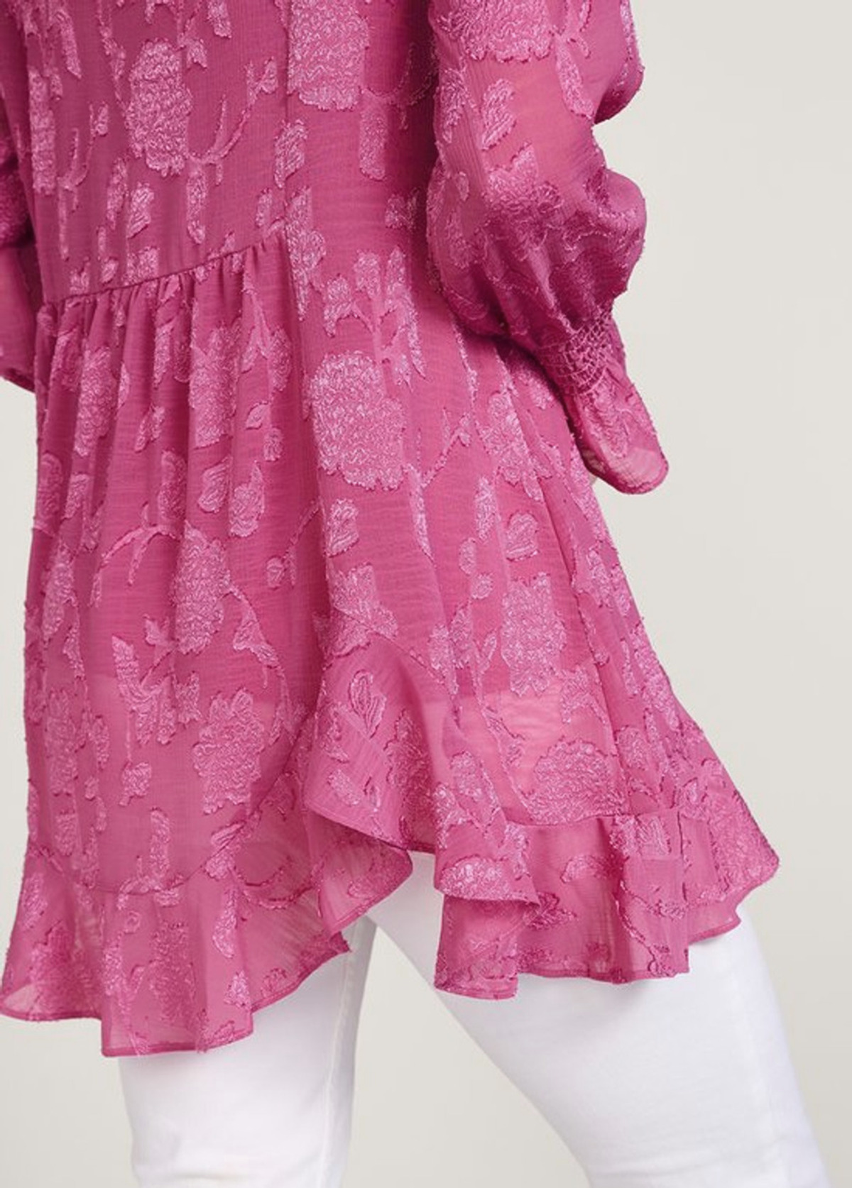 Waisted Slimming Flowy Jacquard Ruffled Hem Top