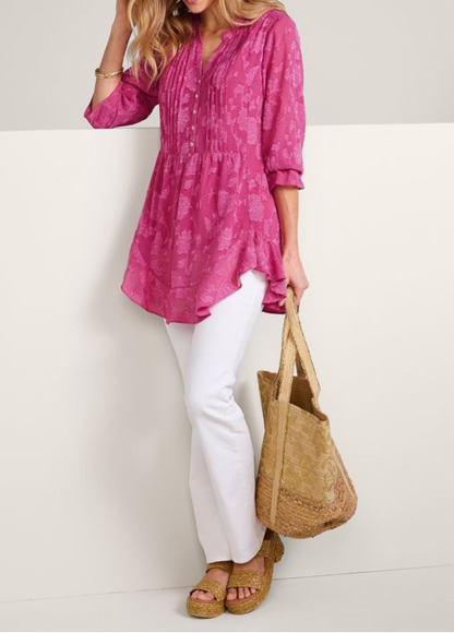 Waisted Slimming Flowy Jacquard Ruffled Hem Top