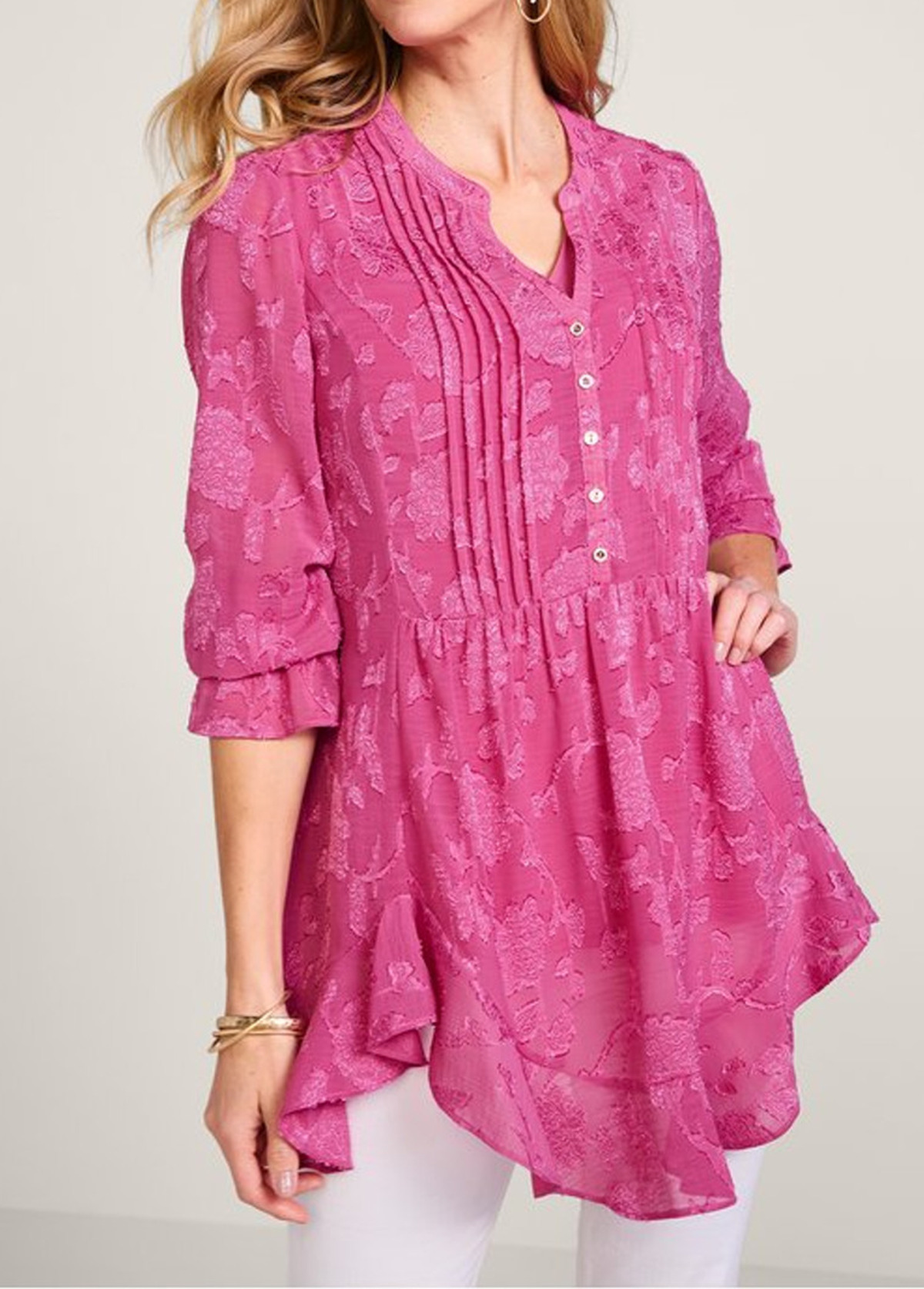 Waisted Slimming Flowy Jacquard Ruffled Hem Top