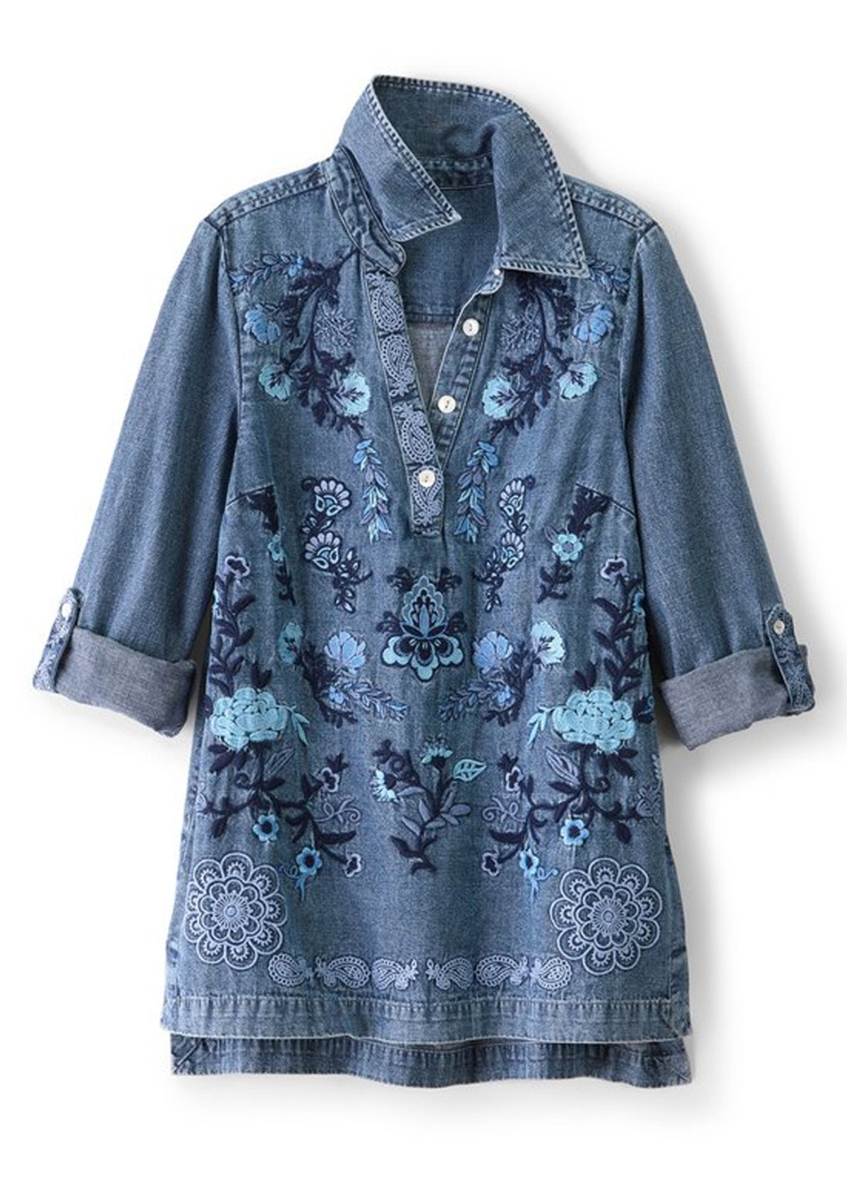 Denim Embroidered Floral Waisted Slimming Top