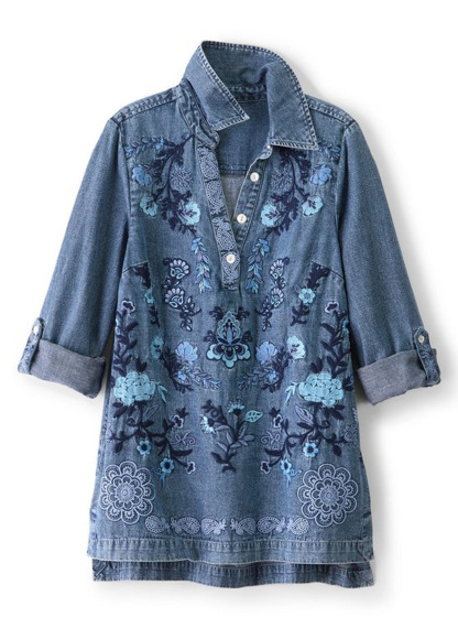 Denim Embroidered Floral Waisted Slimming Top