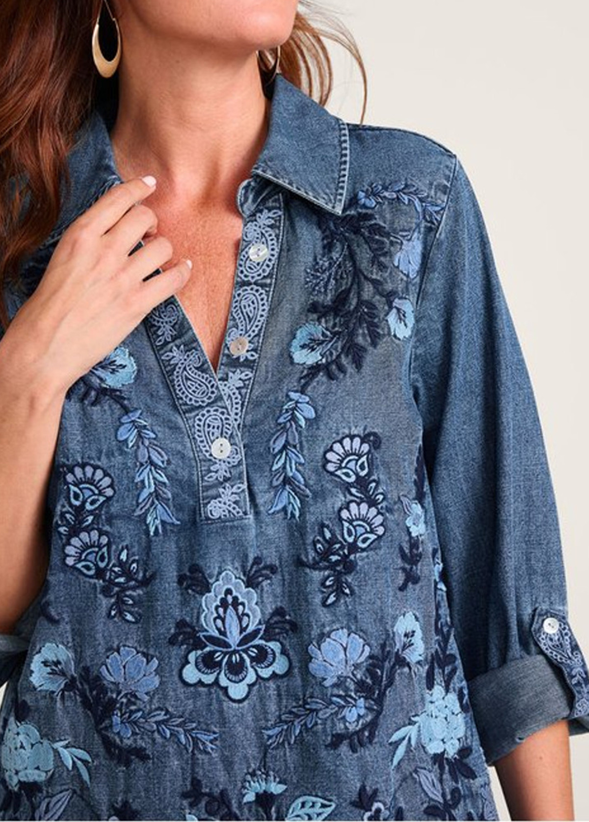 Denim Embroidered Floral Waisted Slimming Top