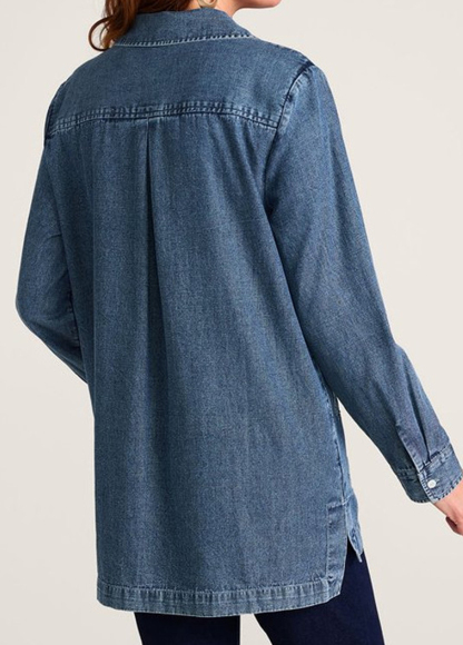 Denim Embroidered Floral Waisted Slimming Top