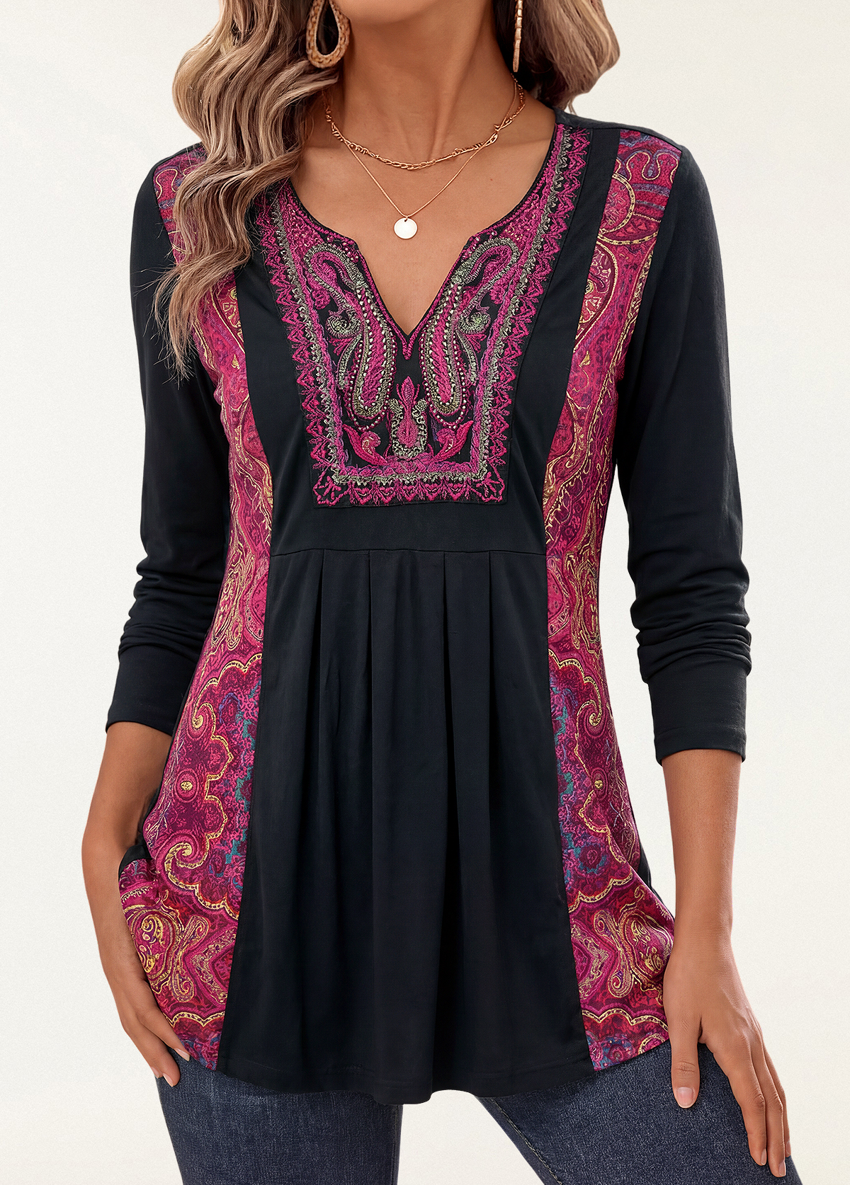 High-Waist Slimming Ethnic Embroidered Patchwork Ruched Top