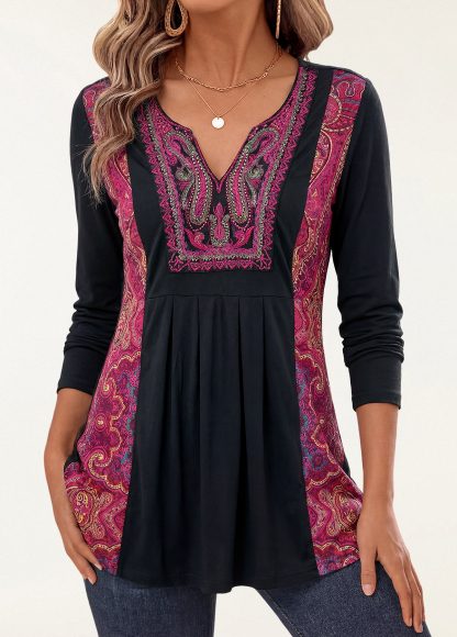 High-Waist Slimming Ethnic Embroidered Patchwork Ruched Top