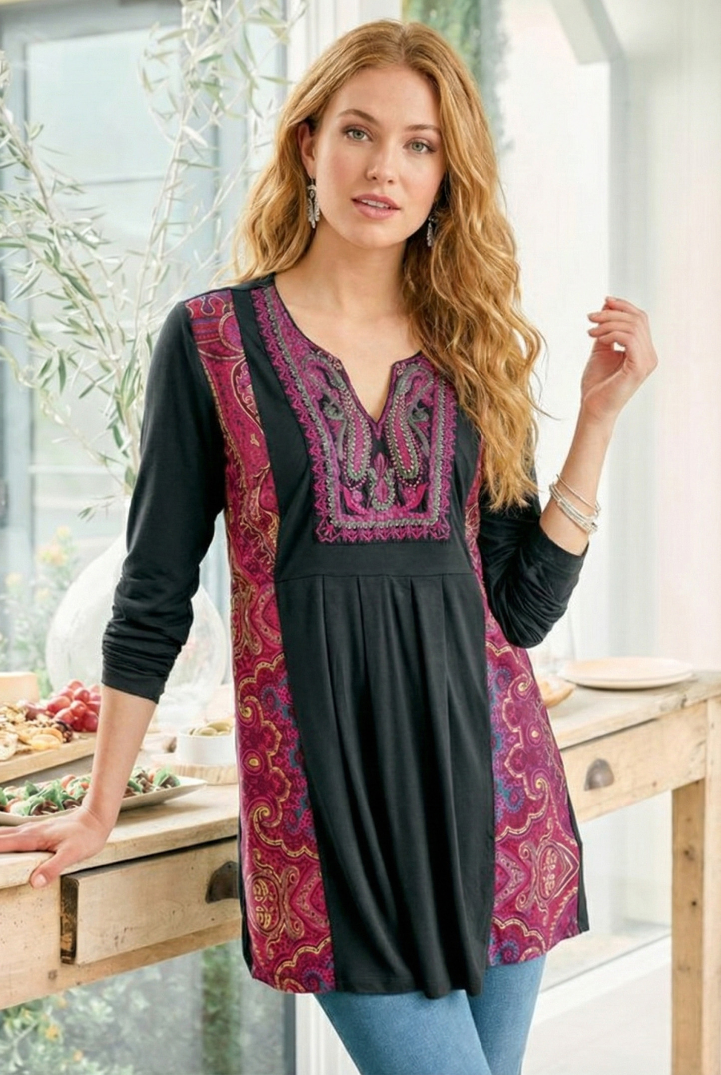 High-Waist Slimming Ethnic Embroidered Patchwork Ruched Top