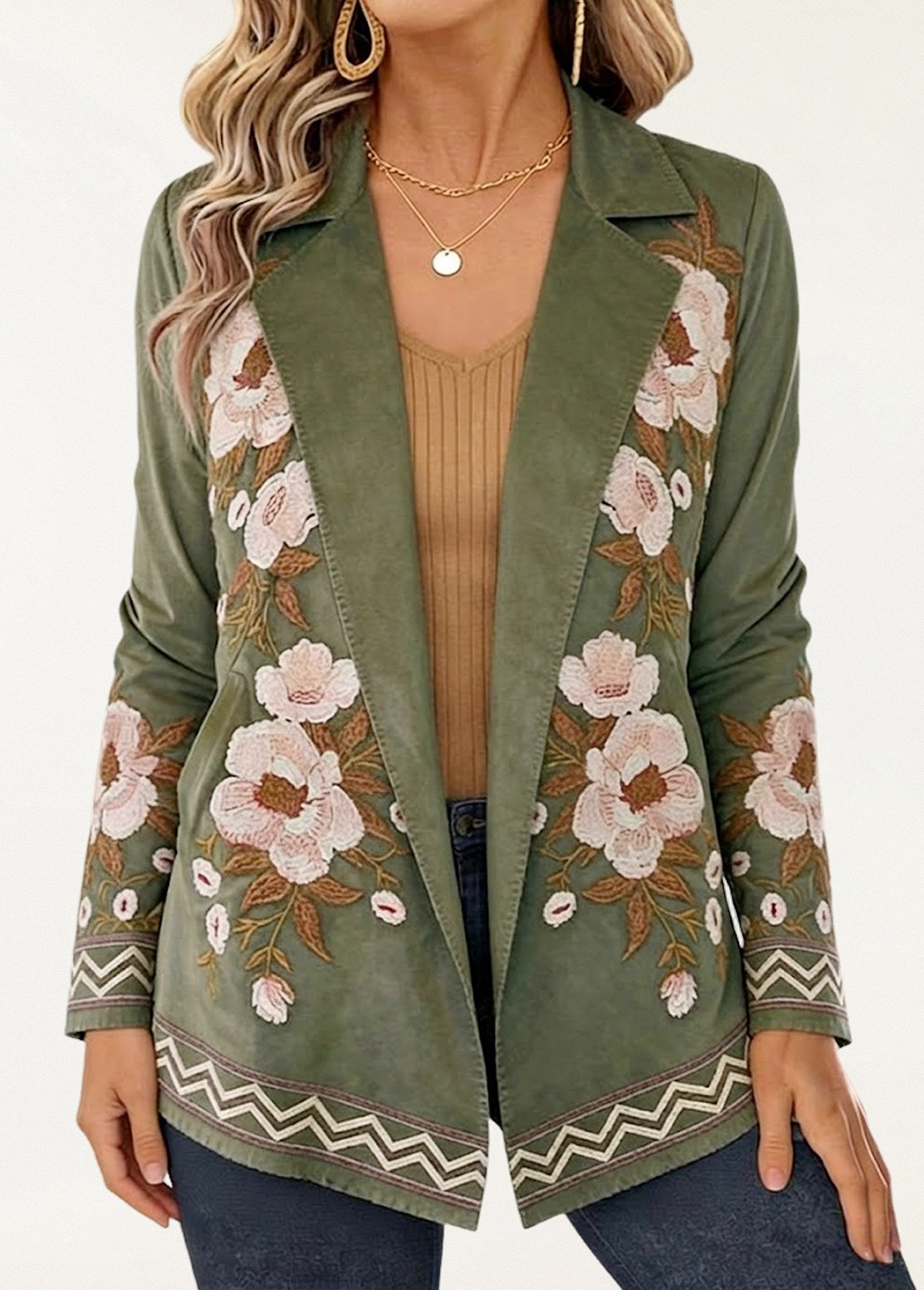 High-Waist Faux Suede Embroidered Floral Pocket Jacket