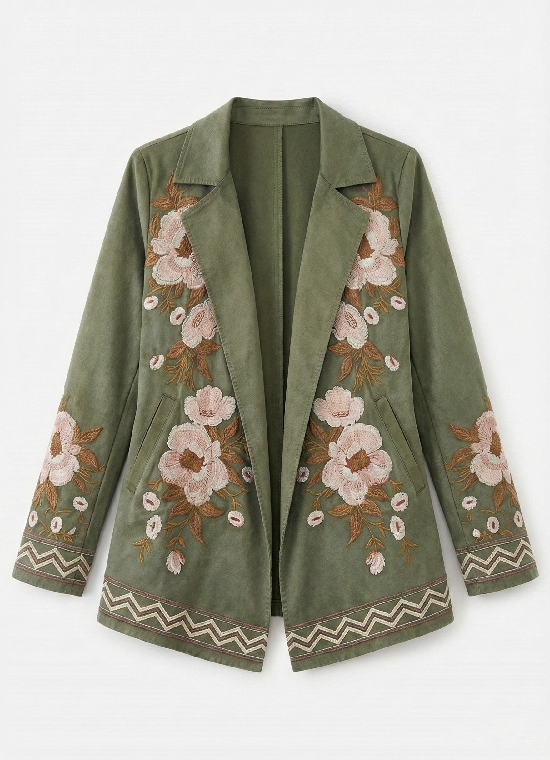 High-Waist Faux Suede Embroidered Floral Pocket Jacket