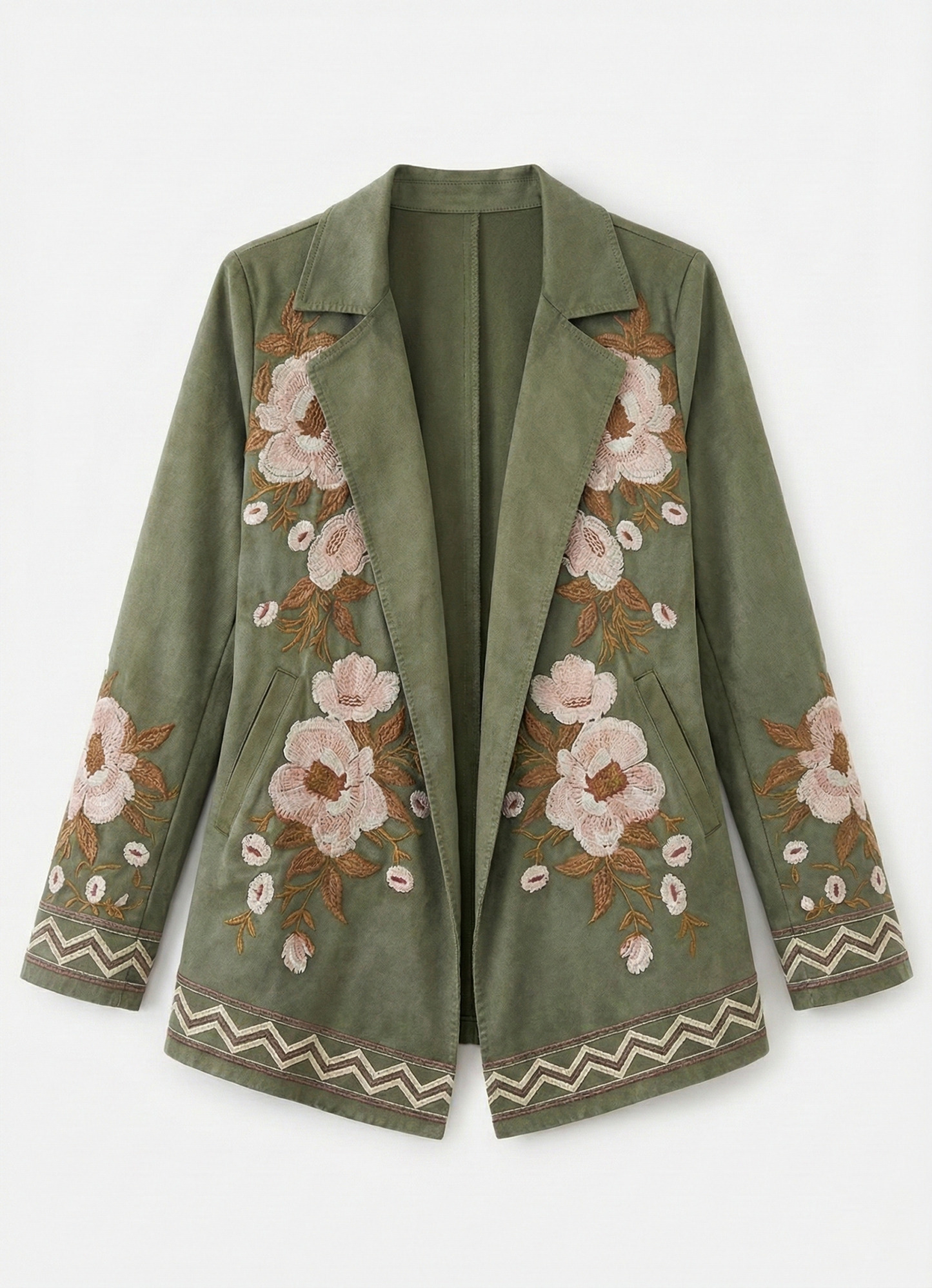 High-Waist Faux Suede Embroidered Floral Pocket Jacket