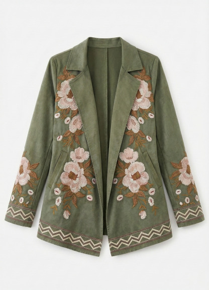 High-Waist Faux Suede Embroidered Floral Pocket Jacket
