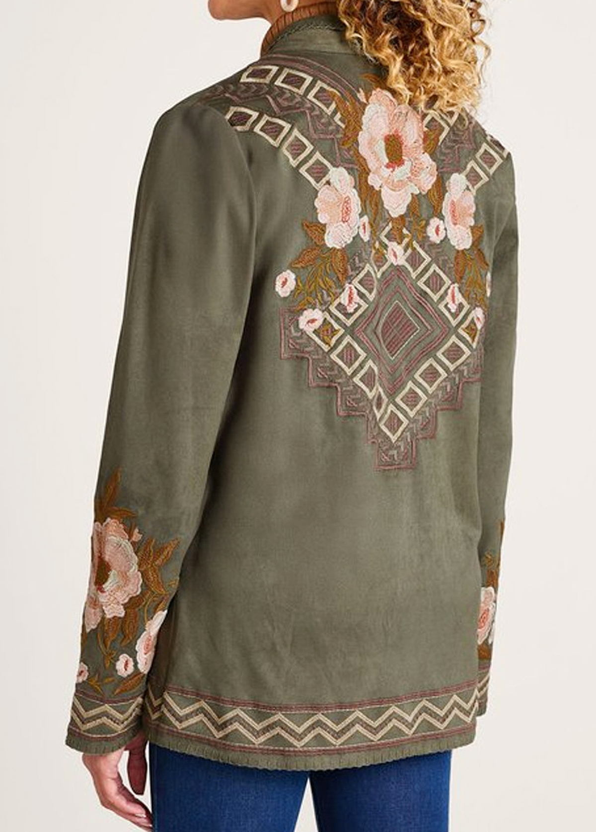 High-Waist Faux Suede Embroidered Floral Pocket Jacket