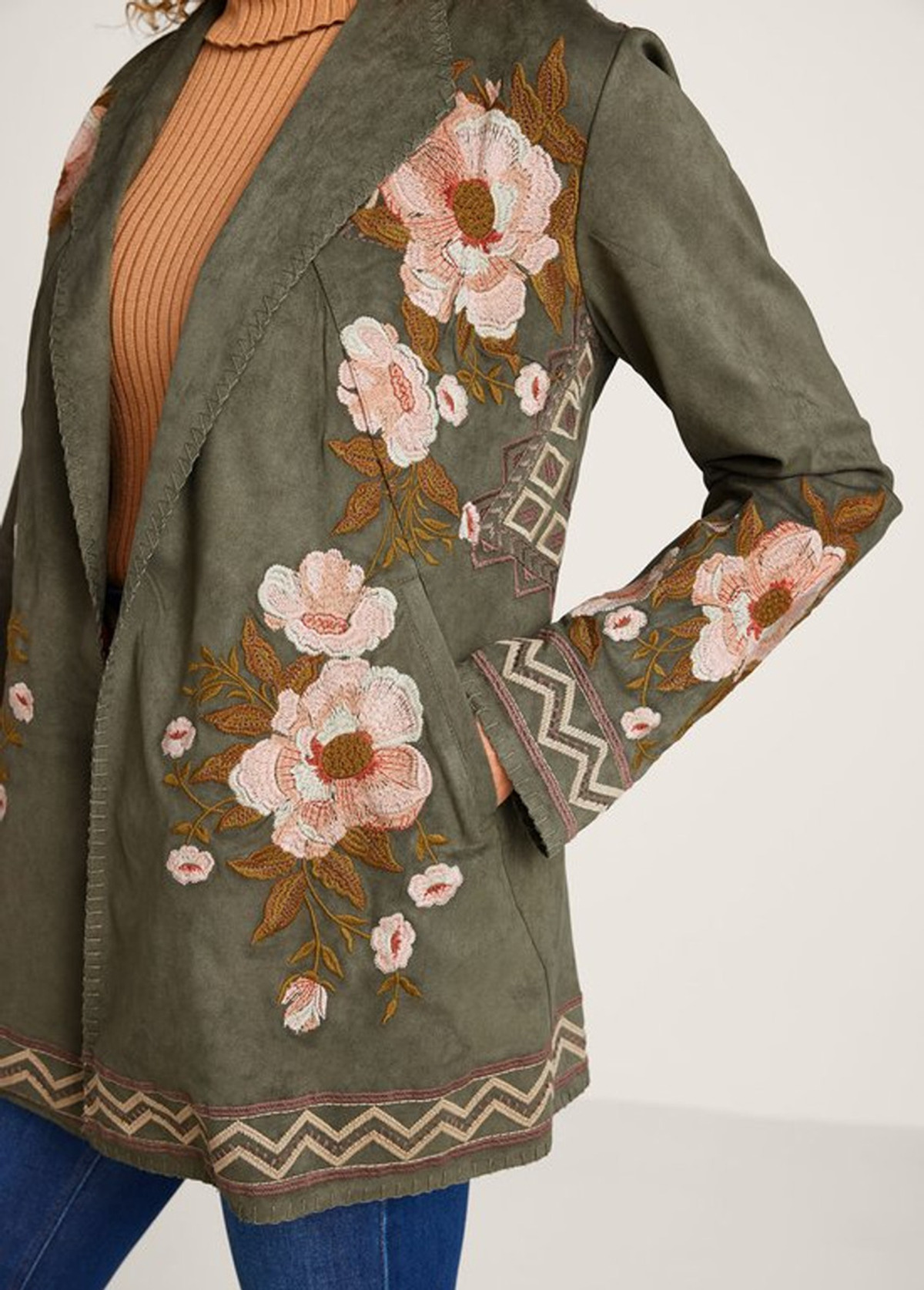 High-Waist Faux Suede Embroidered Floral Pocket Jacket