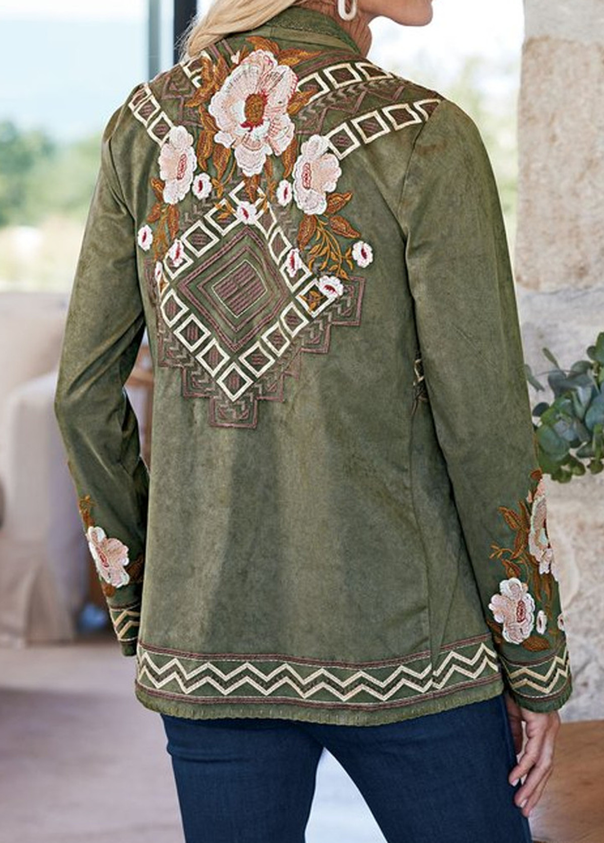 High-Waist Faux Suede Embroidered Floral Pocket Jacket
