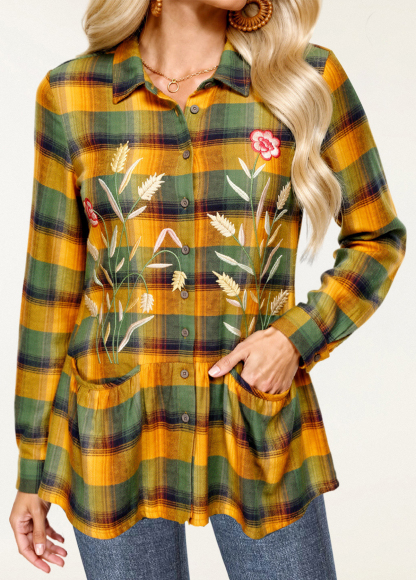 Pastoral Embroidered Checkered Pleated Pocket Waisted Slimming Shirt