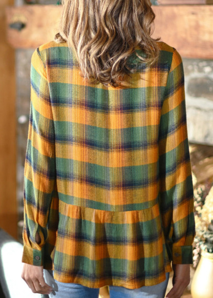 Pastoral Embroidered Checkered Pleated Pocket Waisted Slimming Shirt