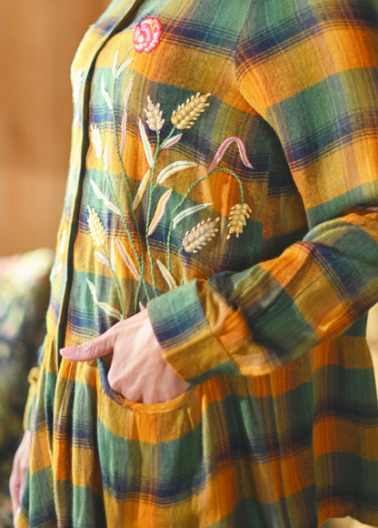 Pastoral Embroidered Checkered Pleated Pocket Waisted Slimming Shirt