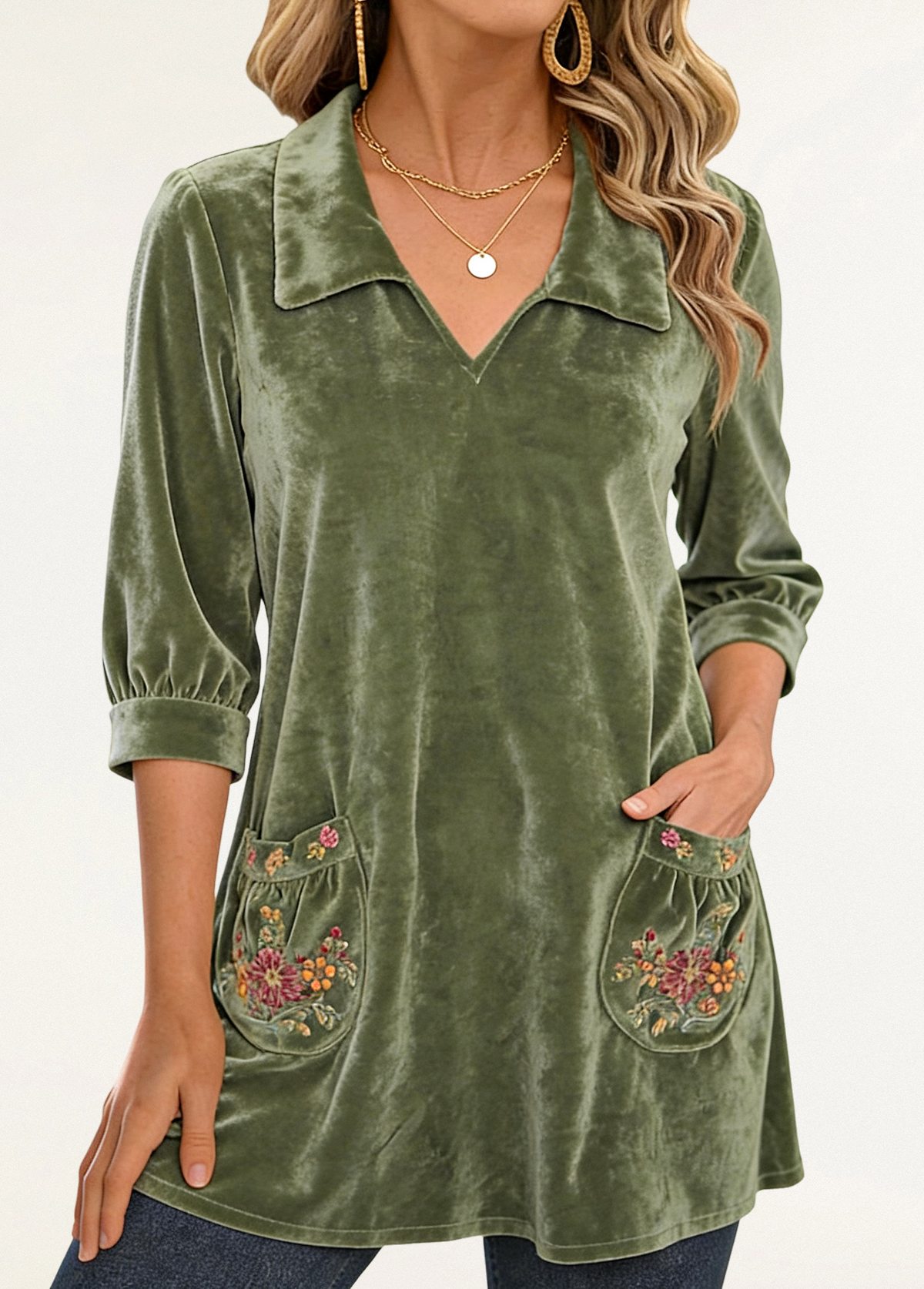 High-Waist Slimming Embroidered Floral Velvet Long Top