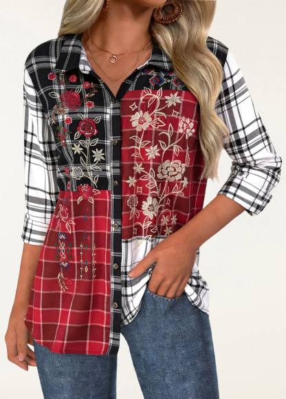 High-Waist Slimming Embroidered Patchwork Plaid Tunic