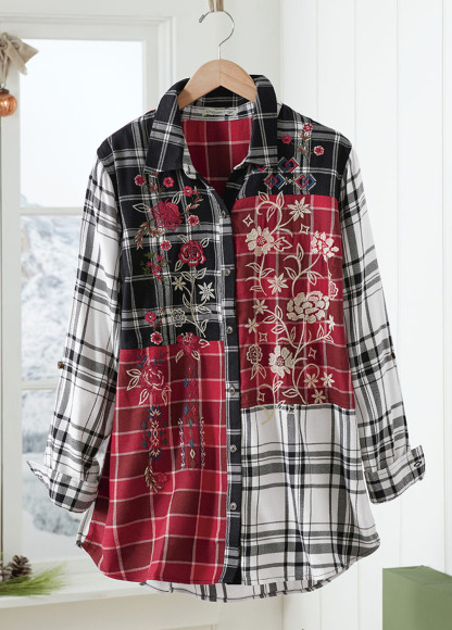 High-Waist Slimming Embroidered Patchwork Plaid Tunic