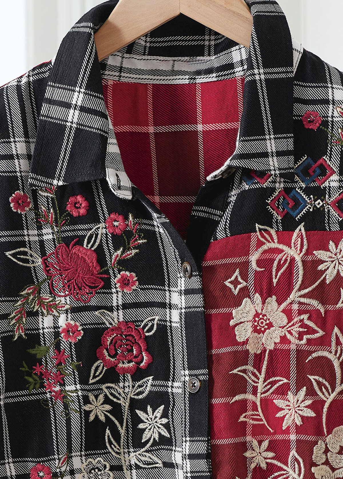 High-Waist Slimming Embroidered Patchwork Plaid Tunic