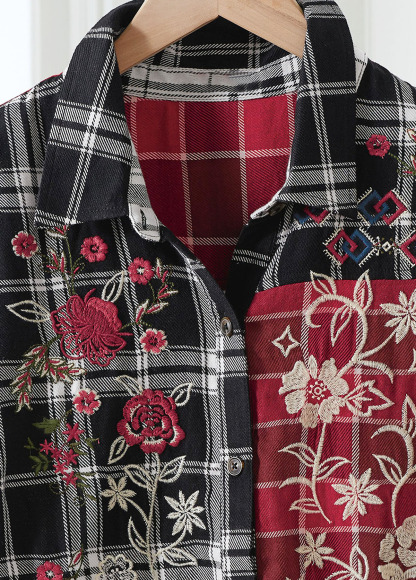 High-Waist Slimming Embroidered Patchwork Plaid Tunic