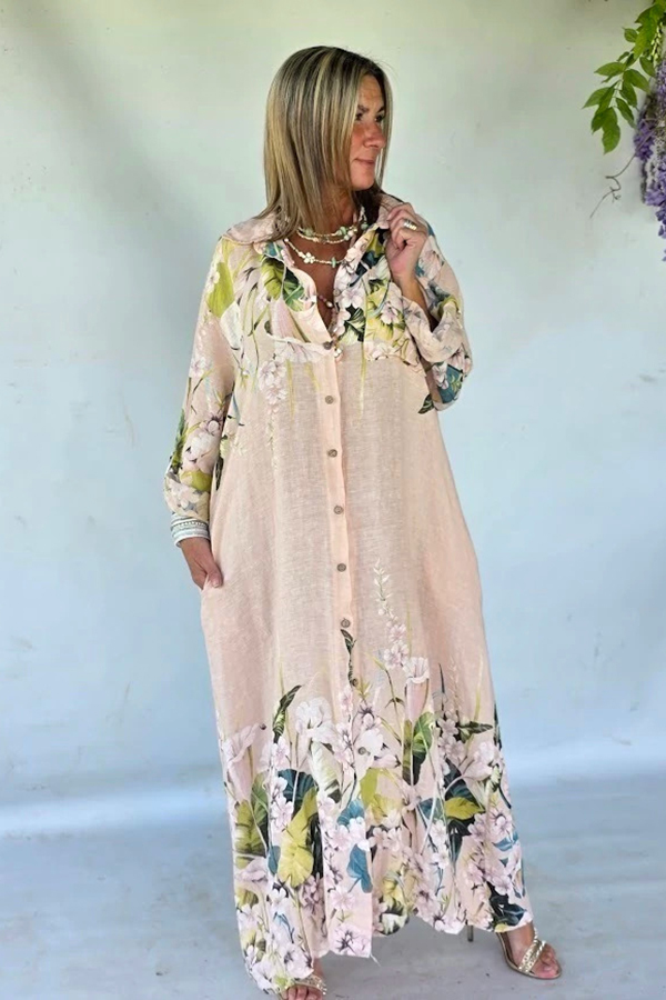 Blush Floral Linen Maxi Shirt Dress Oversized Resort Cover-Up ladyboutiquebd