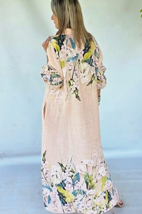 Blush Floral Linen Maxi Shirt Dress | Oversized Resort Cover-Up