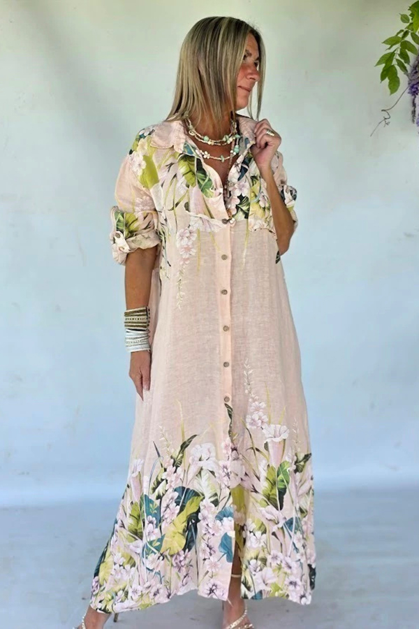 Blush Floral Linen Maxi Shirt Dress | Oversized Resort Cover-Up