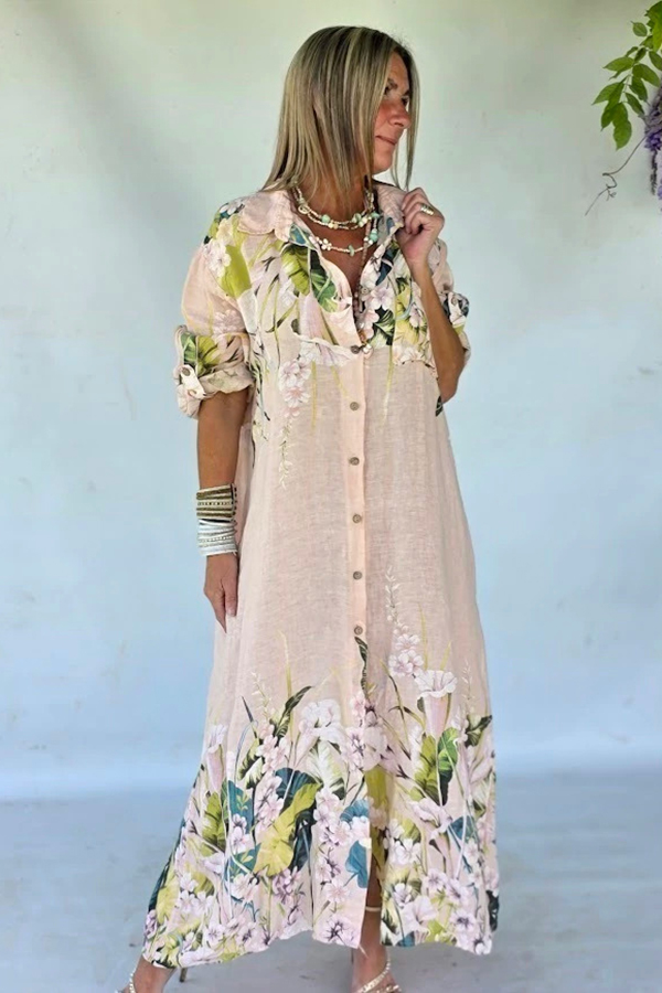 Blush Floral Linen Maxi Shirt Dress | Oversized Resort Cover-Up