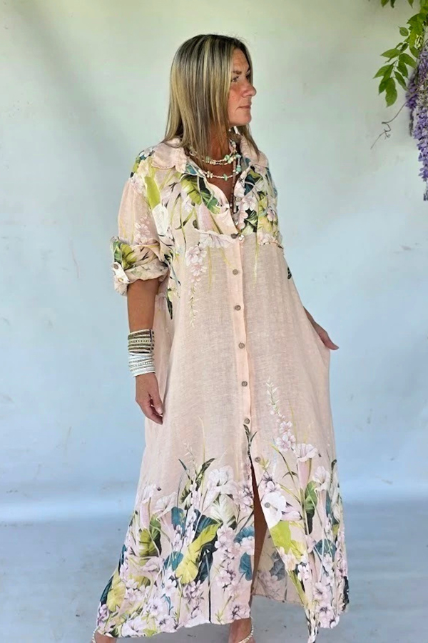Blush Floral Linen Maxi Shirt Dress | Oversized Resort Cover-Up